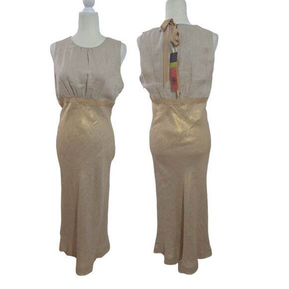 Tory Burch Women's Estee Dress Linen Gold Bias Cut Sleeveless Party Cocktail 10 - Picture 2 of 11